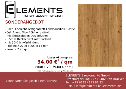 Boen 3-Schicht-Fertigparkett Landhausdiele Castle, 34,00 € inkl. MwSt pro qm, nur solange der Vorrat reicht